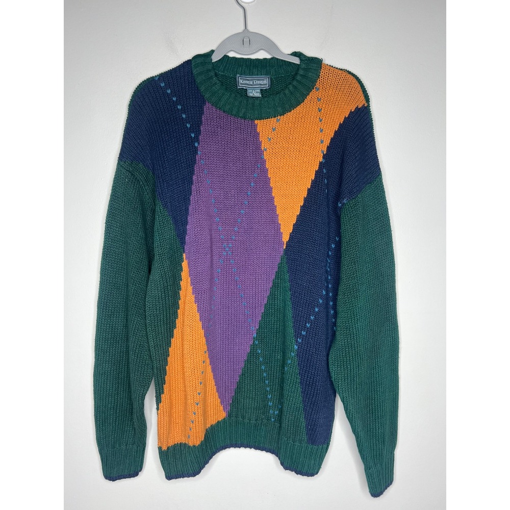 Vintage 90s Kenneth Roberts Colorblock Argyle Knit Sweater Green Purple Men's L